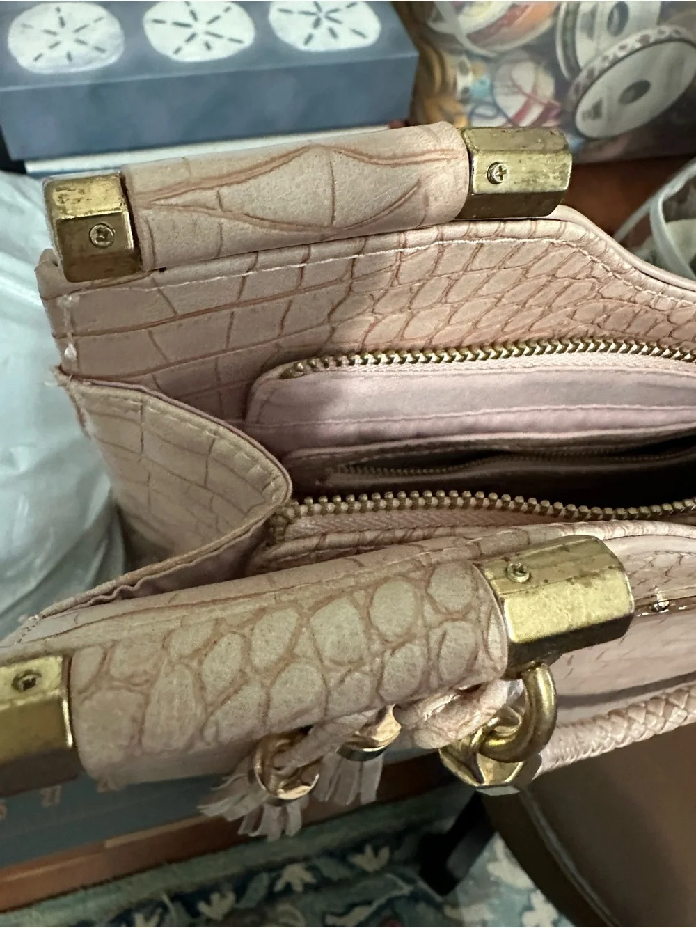 Bebe Los Angeles Light Pink Croc-Embossed Satchel with Braided Handles